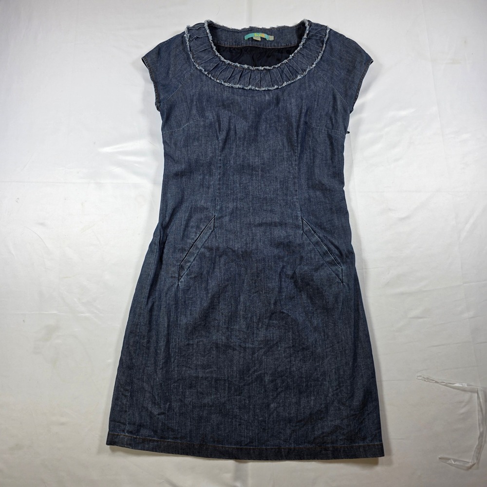 Boden Denim Shift Dress Blue Indigo Pleated Neck Cap Sleeve Pockets Size US 4R